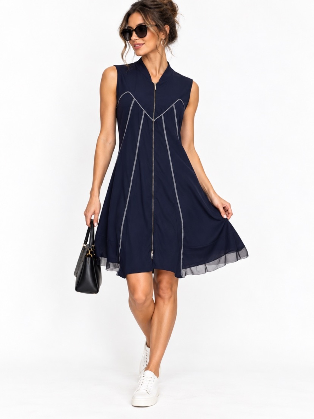 Sun Light Navy Blue Tulle Hem Preppy Nautical Sleeveless Zip Front Dress Size 4